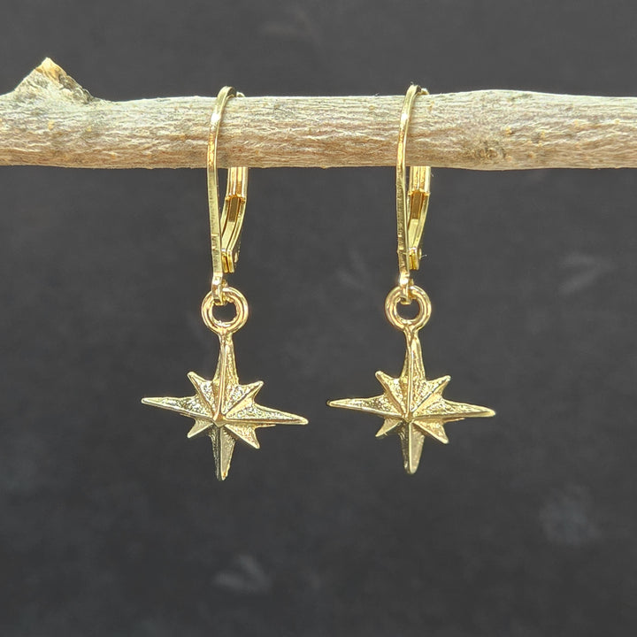 עשוי לכלול: זוג עגילי זהב בצורת כוכבים. לכל עגיל יש מנגנון סגירה עם ידית ותליון בצורת כוכב בעל שמונה קצוות. לכוכבים יש משטח מחוספס והם תלויים על טבעת קטנה. העגילים מוצגים על רקע כהה.