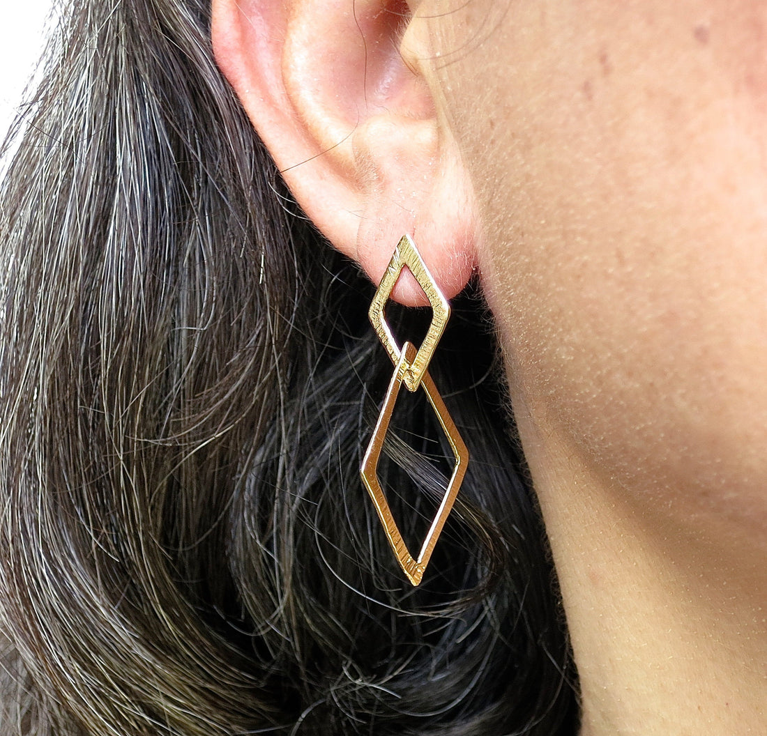 עגיל חישוק מעוין בצורת יהלום, עגילי חישוק מזהב 14 קראט