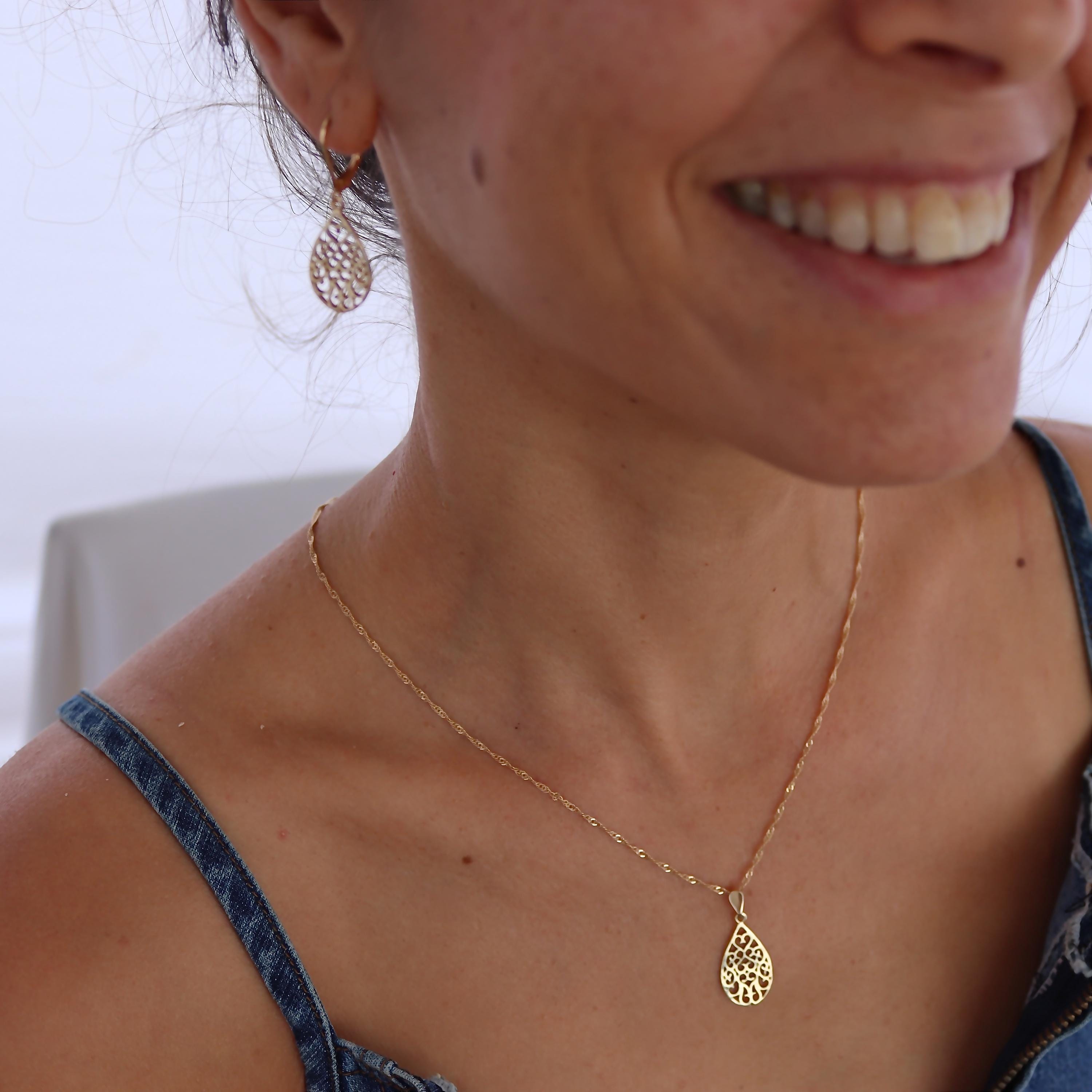 שרשרת תליון פיליגרן בסגנון ויקטוריאני מזהב 14 קראט משובצת דמעה