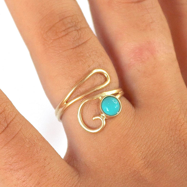 טבעת פתוחה מזהב טורקיז, טבעת אבנים מתכווננות ייחודית, טבעת עוטפת בוהו