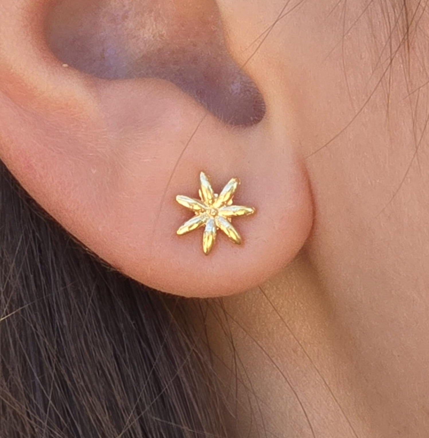 עשוי לכלול: תקריב של עגיל צמוד בצבע זהב בצורת כוכב. העגיל קטן ויושב על תנוך האוזן. עיצוב הכוכב בעל מספר נקודות, והעגיל נראה כאילו הוא עשוי מתכת. העגיל הוא תכשיט.