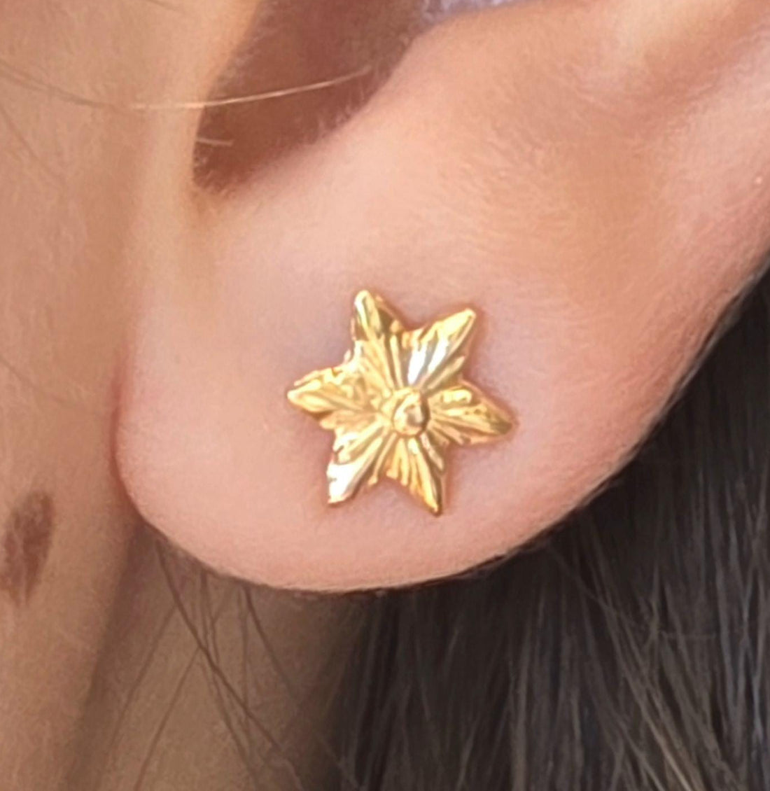 עשוי לכלול: עגיל צמוד בצורת כוכב בצבע זהב. העגיל הוא כוכב בעל שש קצוות עם משטח מחוספס. העגיל נלבש על האוזן, והמוקד הוא על העגיל עצמו. העגיל הוא תכשיט קטן ועדין.