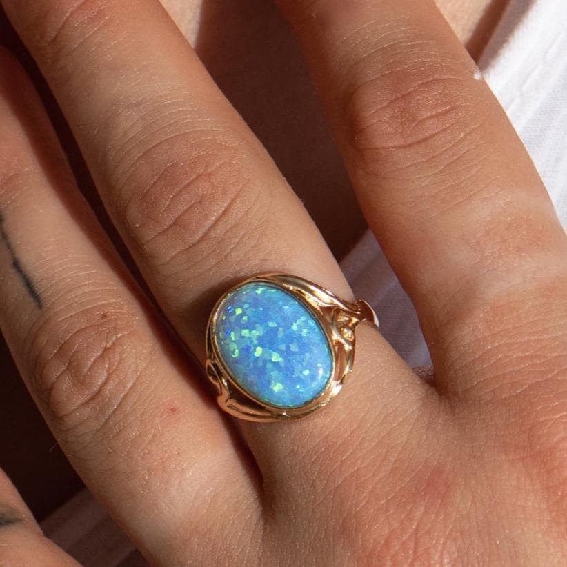 טבעת אופל מכסף סטרלינג 925, טבעת אבן גדולה בעבודת יד