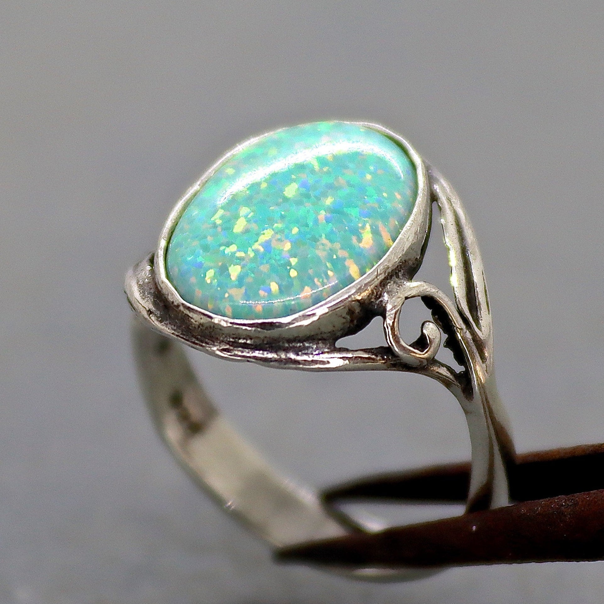 טבעת אופל מכסף סטרלינג 925, טבעת אבן גדולה בעבודת יד