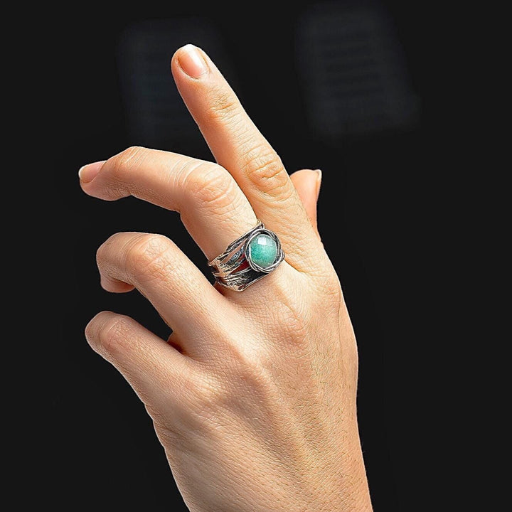 טבעת אוונטורין, טבעת עבה רחבה מכסף סטרלינג 925 עם אבן ירוקה