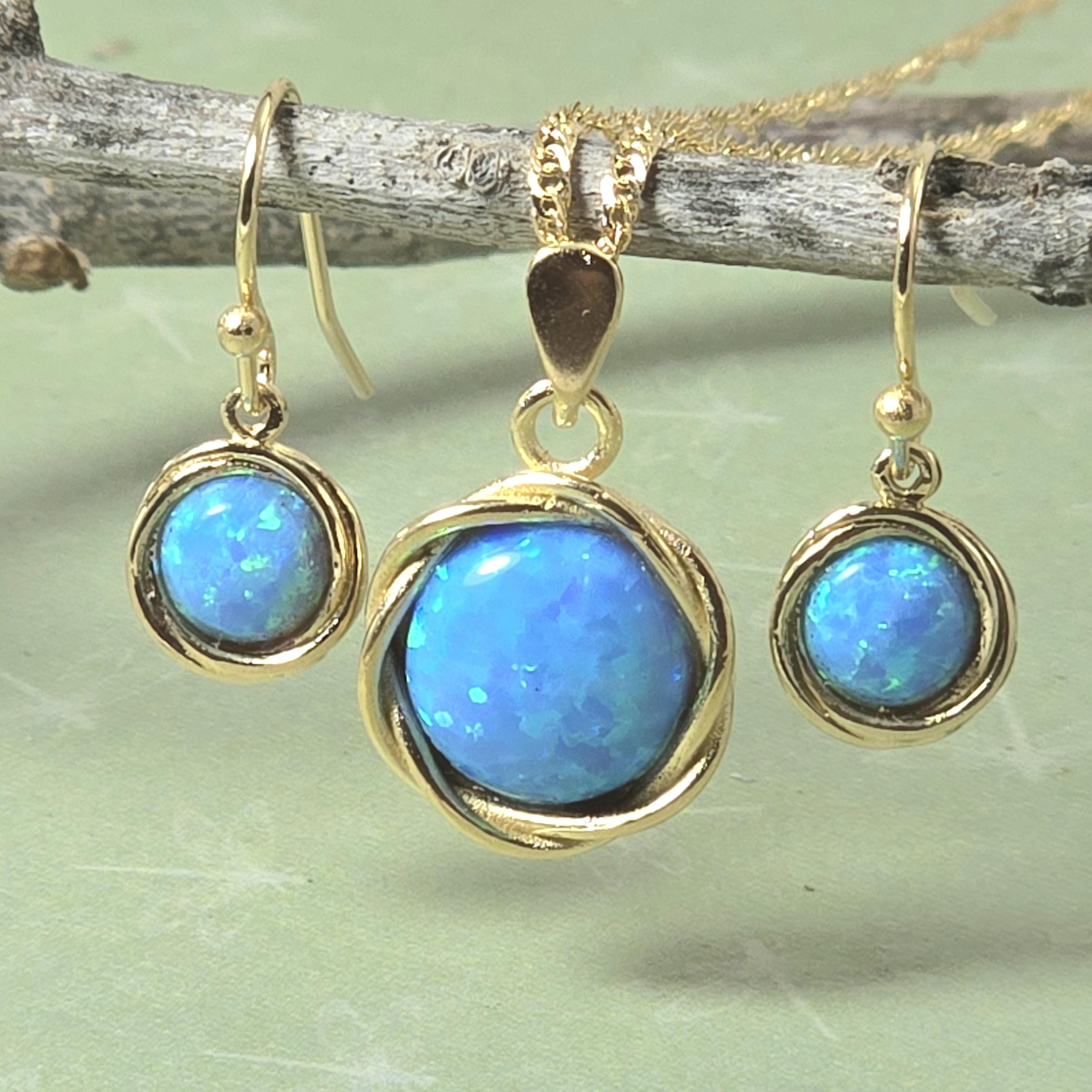 עגילי זהב כחולים תלויים ושרשרת תליון, סט תכשיטי אופל