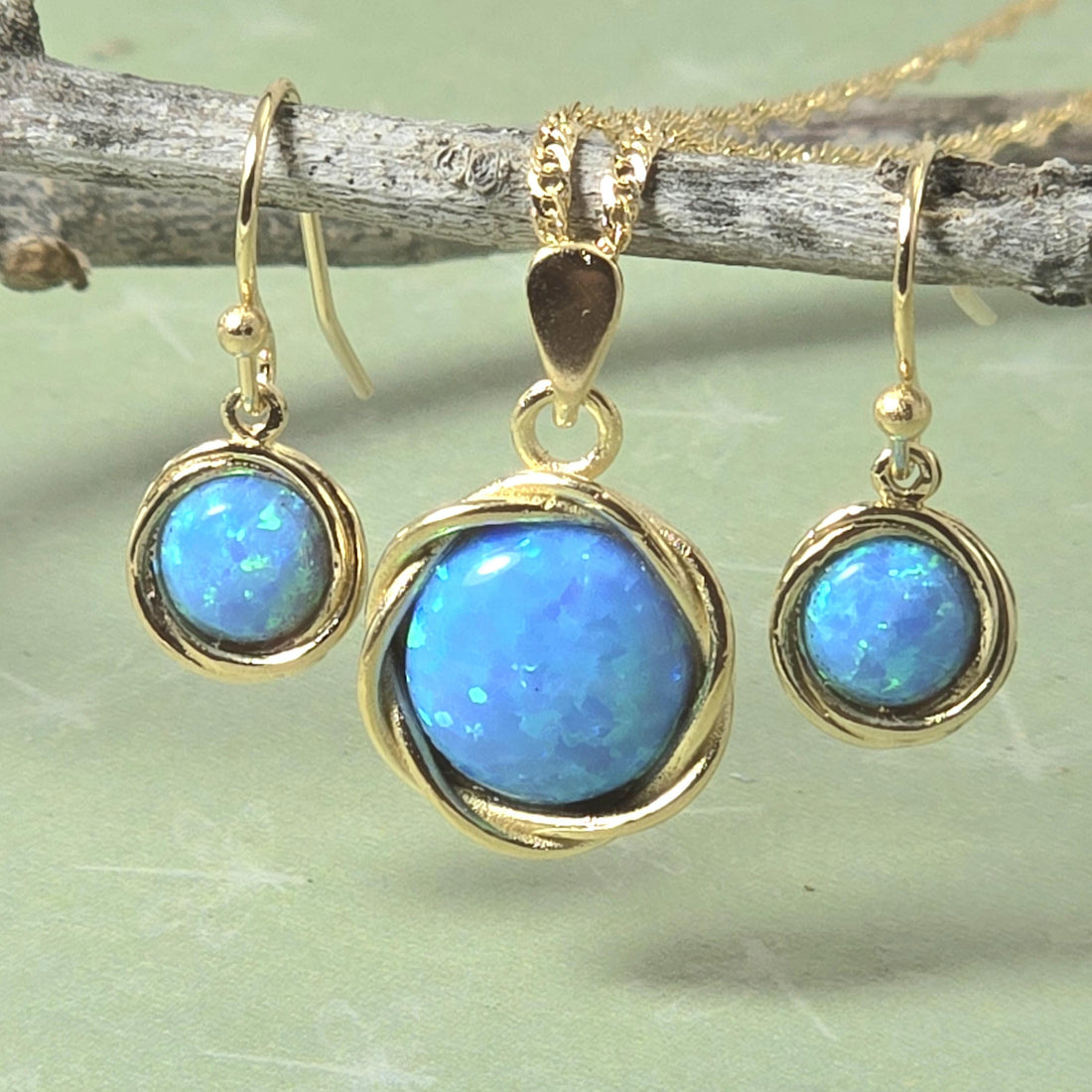 עגילי זהב כחולים תלויים ושרשרת תליון, סט תכשיטי אופל