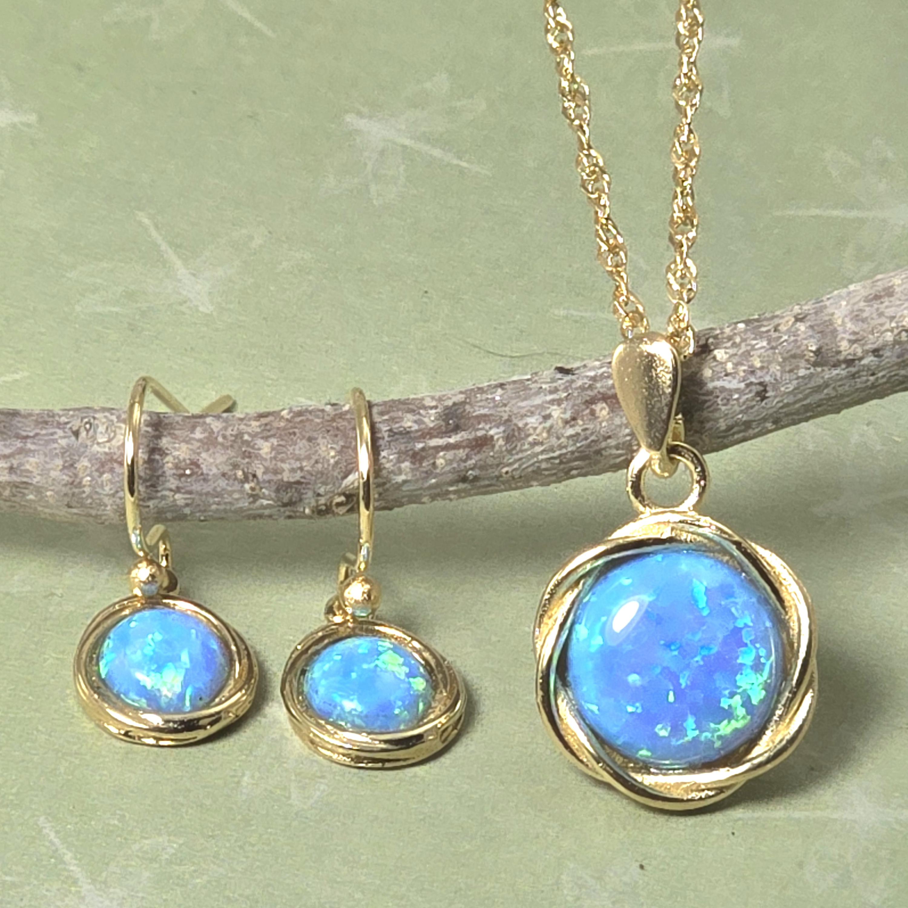 עגילי זהב כחולים תלויים ושרשרת תליון, סט תכשיטי אופל