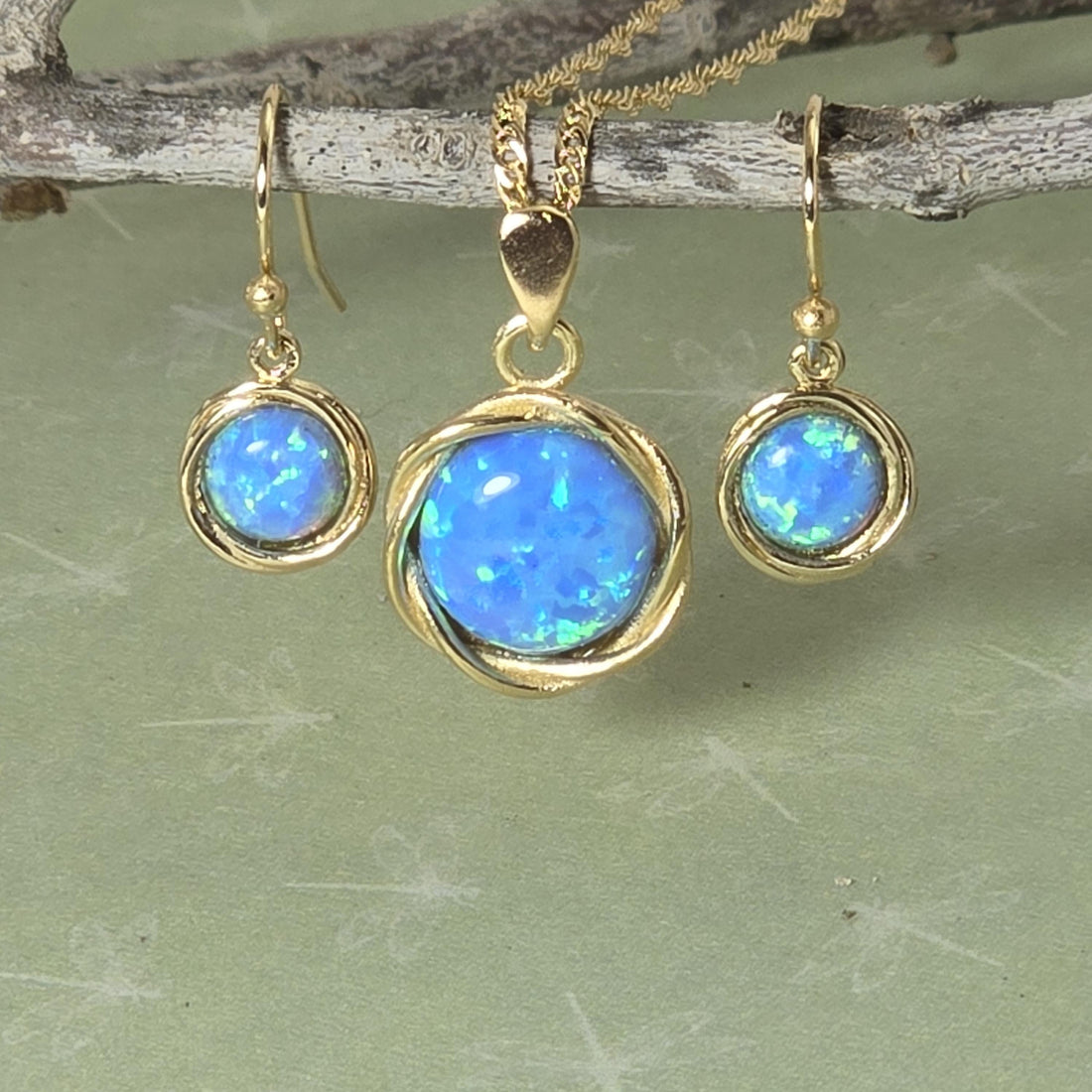 עגילי זהב כחולים תלויים ושרשרת תליון, סט תכשיטי אופל