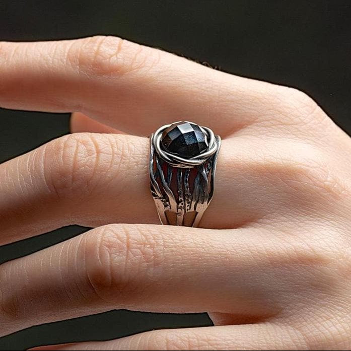 טבעת כסף סטרלינג 925 רחבה משובצת אוניקס שחור