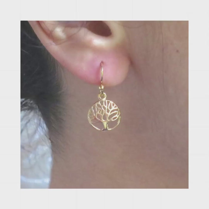Tree of Life gold dangle Earrings, Solid 14k gold tree earrings