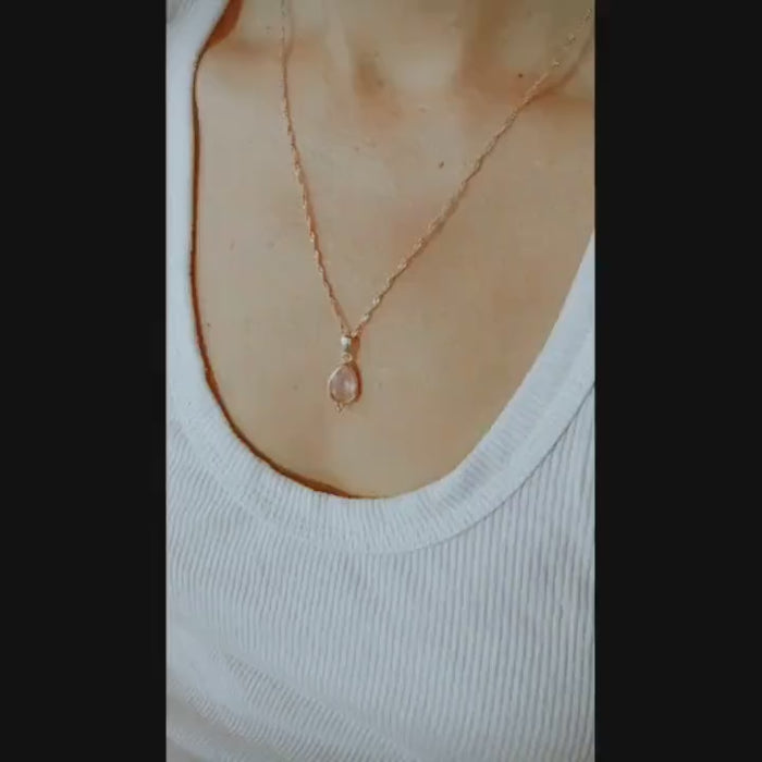 14k Gold Rose Quartz Teardrop Necklace Pendant - Gemstone Jewelry