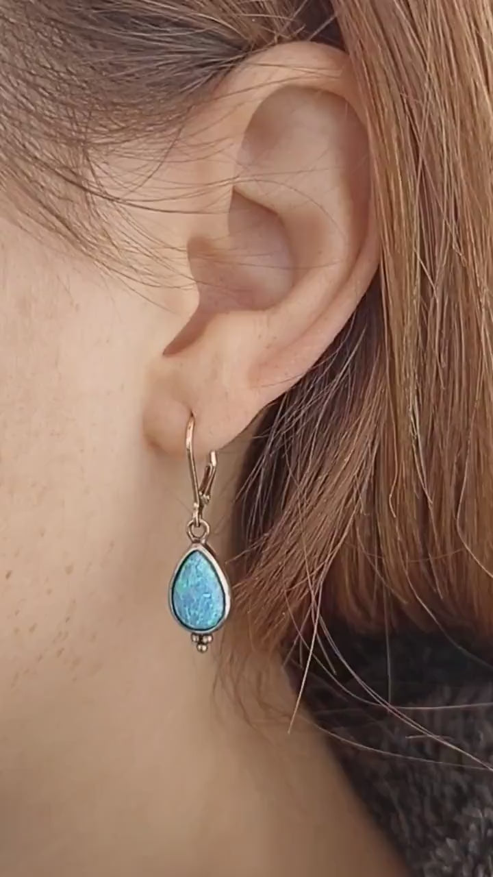 Blue Opal Sterling Silver Dangle Earrings: October Birthstone