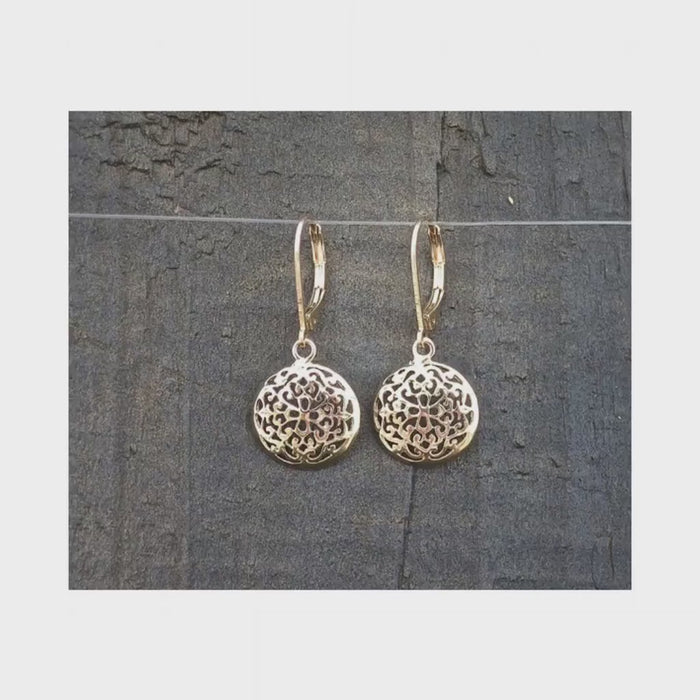 Solid 14k Gold Filigree Dangle Earrings for Women – Elegant Handmade Drop Earrings – Fine Gold Jewelry Gift for Her