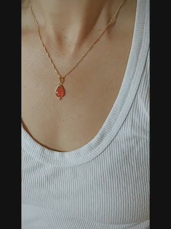 14k gold Carnelian necklace, Teardrop gold orange stone necklace pendant