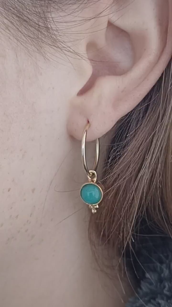 Gold Aquamarine Hoop Earrings with Dangle, March Birthstone, Simple Gemstone Design