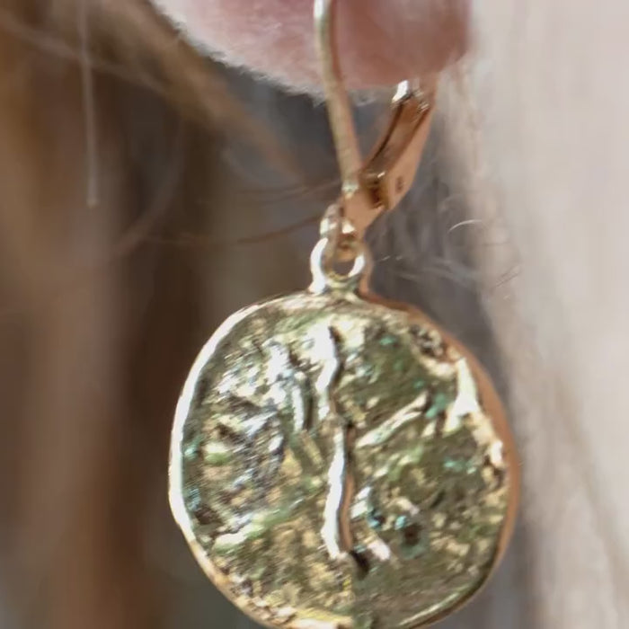 Gold disk dangle earrings, Textured earrings