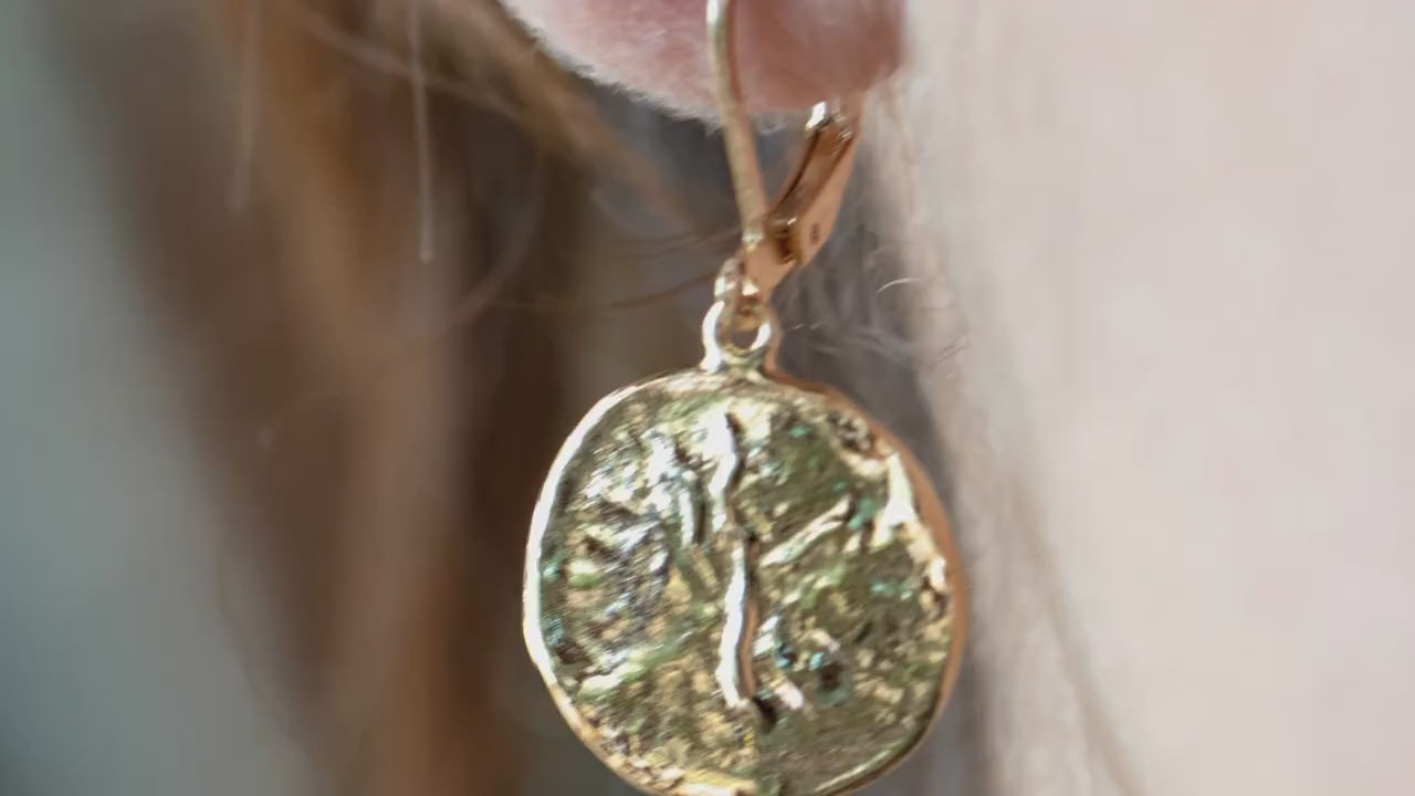 Gold disk dangle earrings, Textured earrings