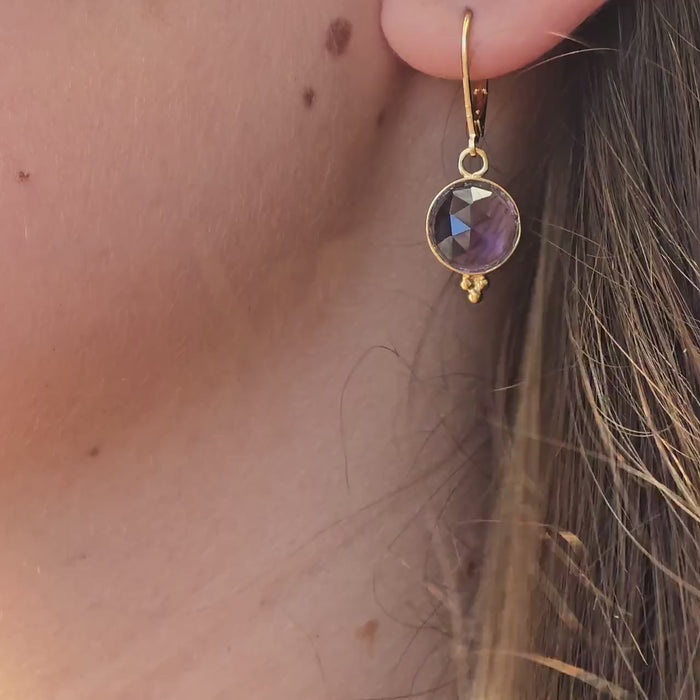 Round Solid 14k Gold Amethyst dangle Earrings