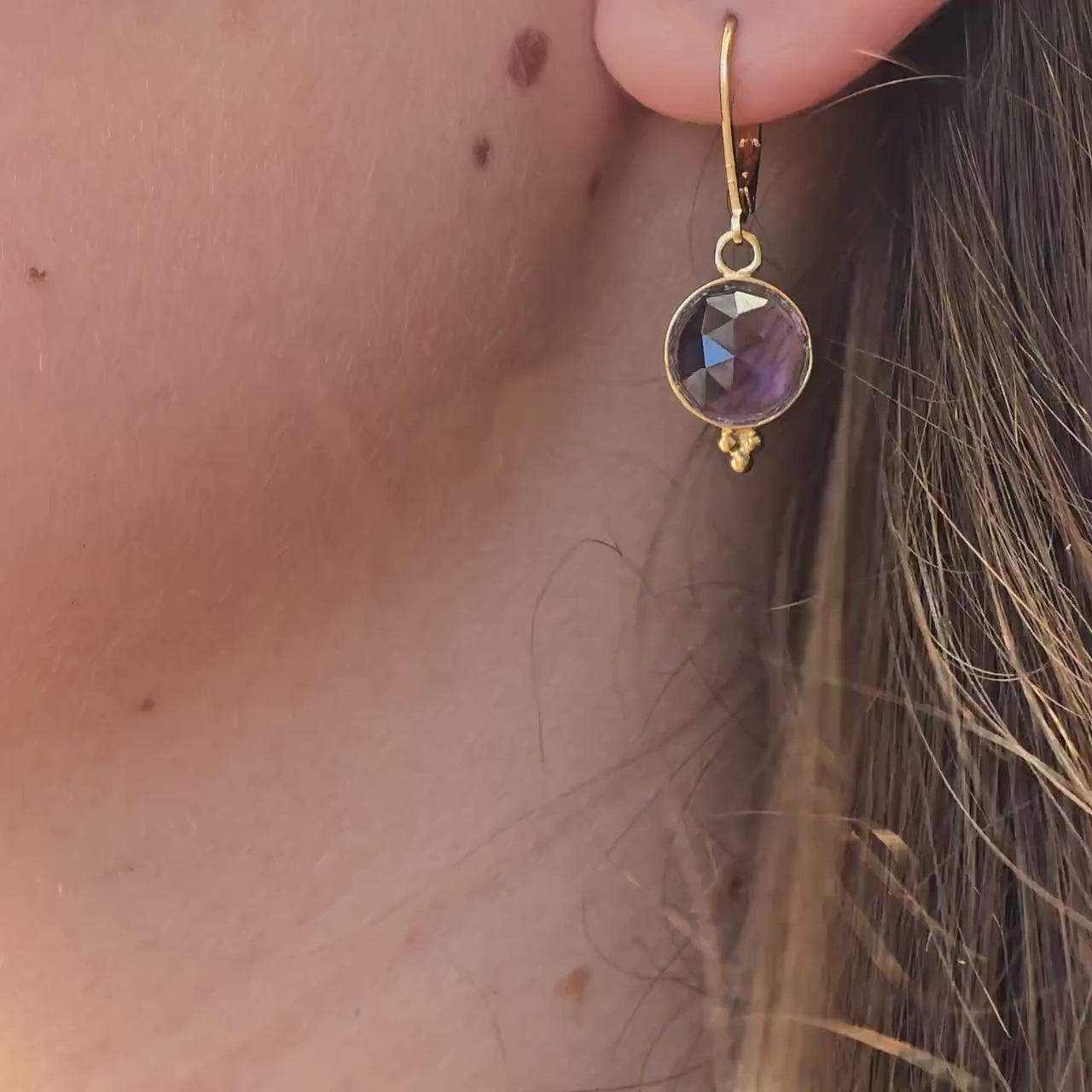 Round Solid 14k Gold Amethyst dangle Earrings