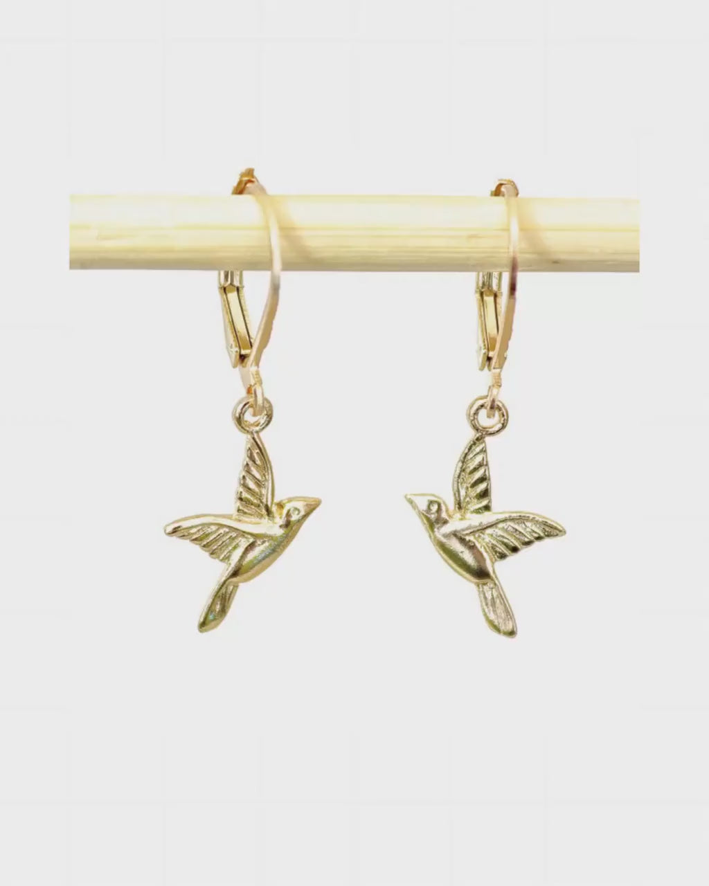 Humming bird earrings, Bird solid 14k gold dangle earrings