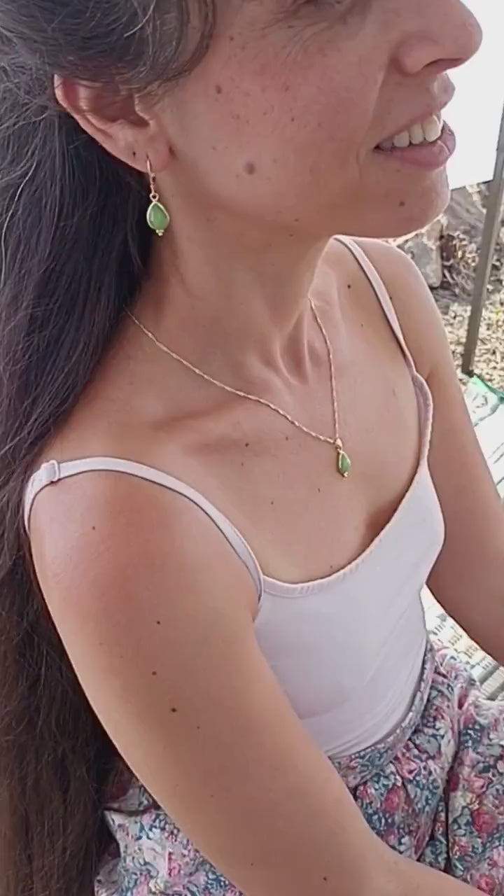 Green Jade Teardrop Pendant Necklace: 14K Solid Gold