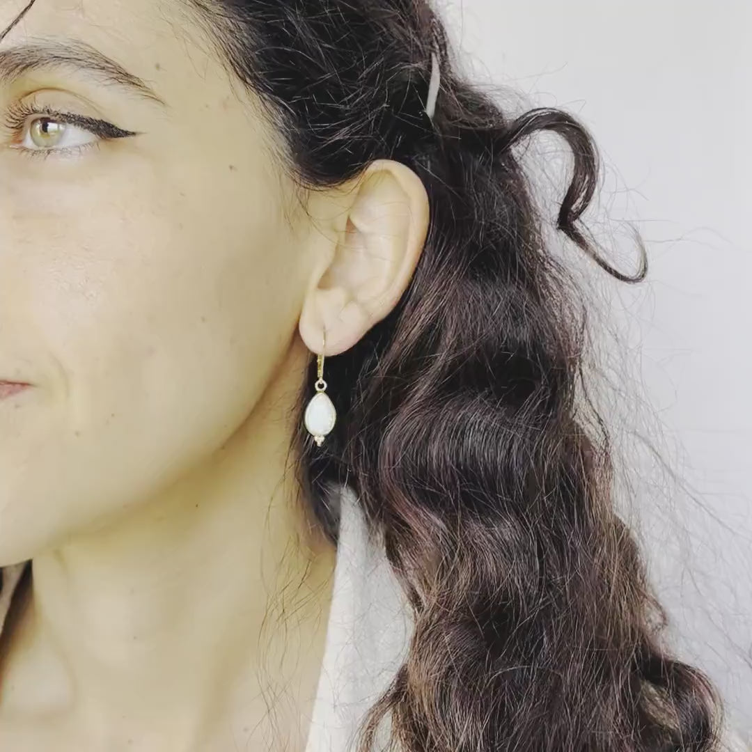 Gold drop stone dangle earrings for woman, White opal gold earring