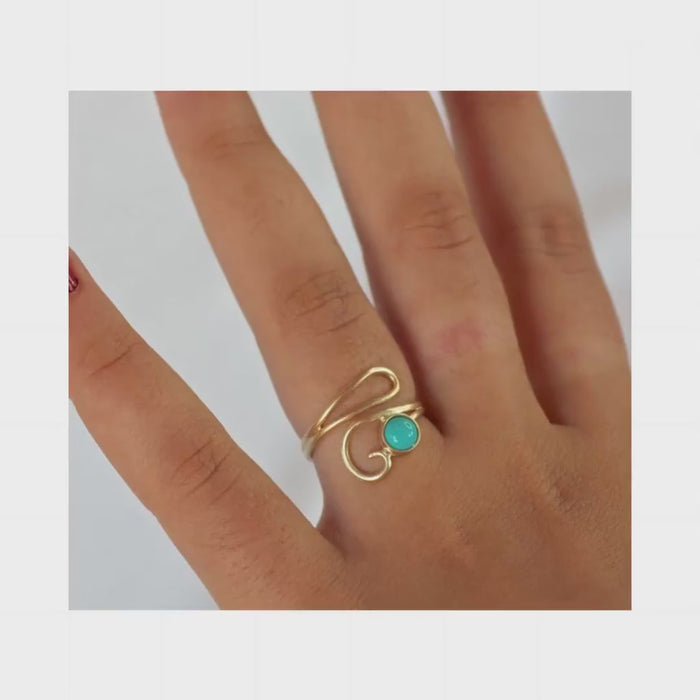 Solid 14K gold Turquoise Adjustable Ring, Open gold Birthstone Ring