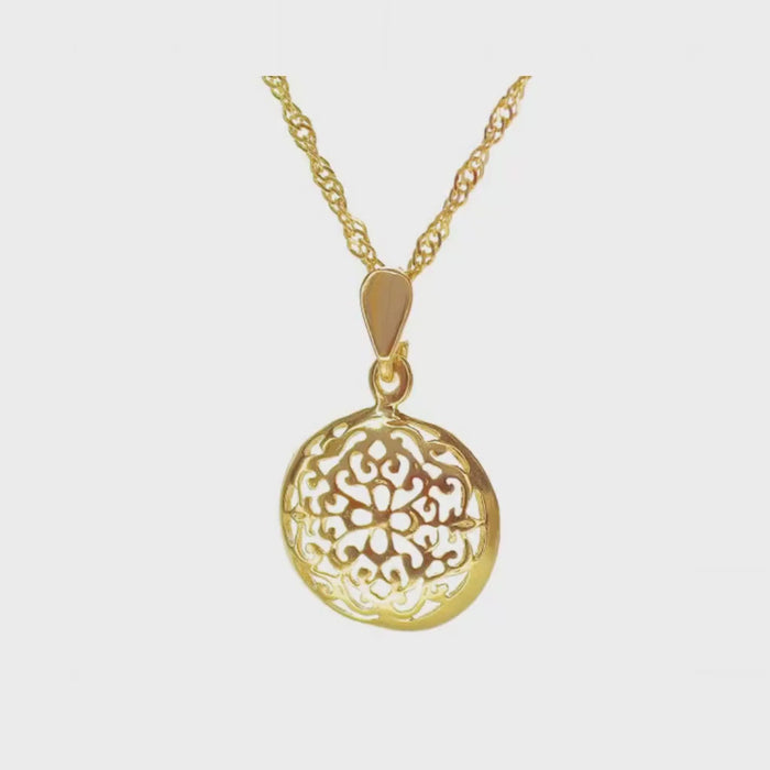 Solid 14k gold round Filigree necklace pendant