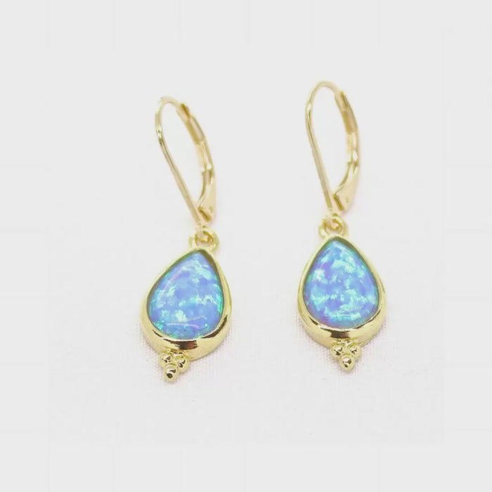 14k Gold Blue Opal Teardrop Dangle Earrings