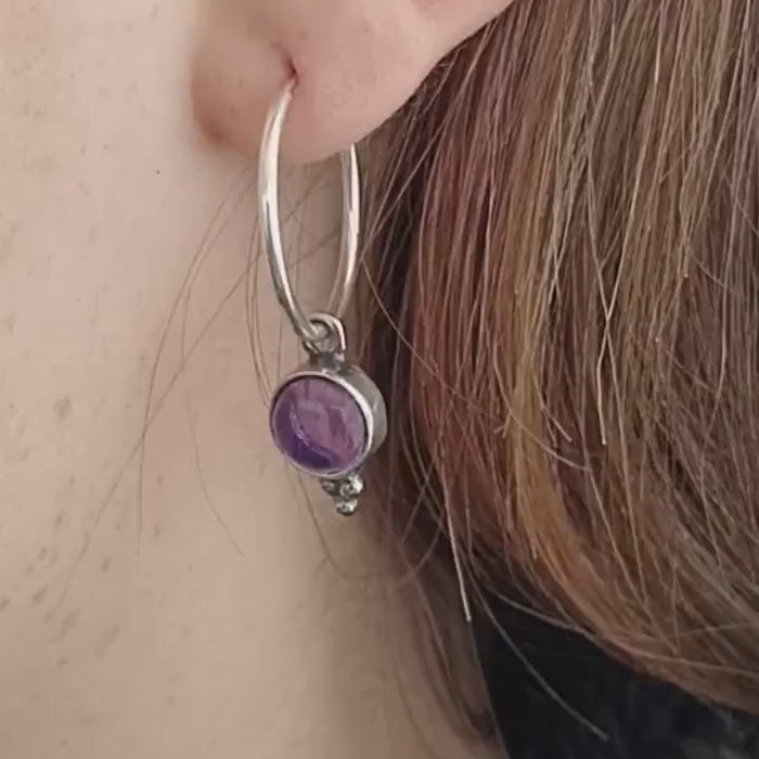Sterling Silver Amethyst Dangle Earrings, Elegant Hoops with Simple Stone and Dots