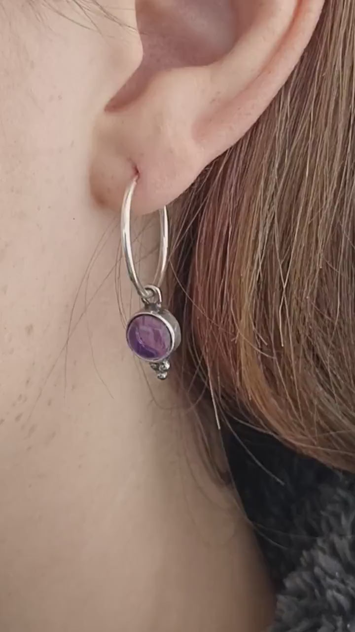 Sterling Silver Amethyst Dangle Earrings, Elegant Hoops with Simple Stone and Dots