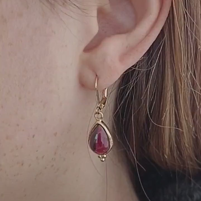 Garnet gold earrings, Teardrop dangle earring for woman, Red stone earring