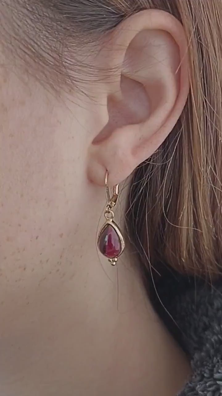 Garnet gold earrings, Teardrop dangle earring for woman, Red stone earring