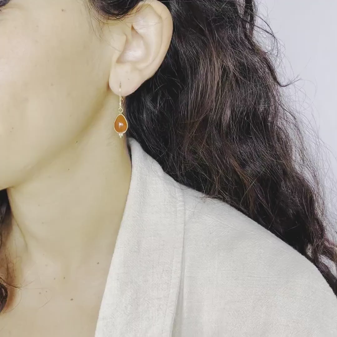 Carnelian gold dangle earrings, Teardrop Orange stone earrings