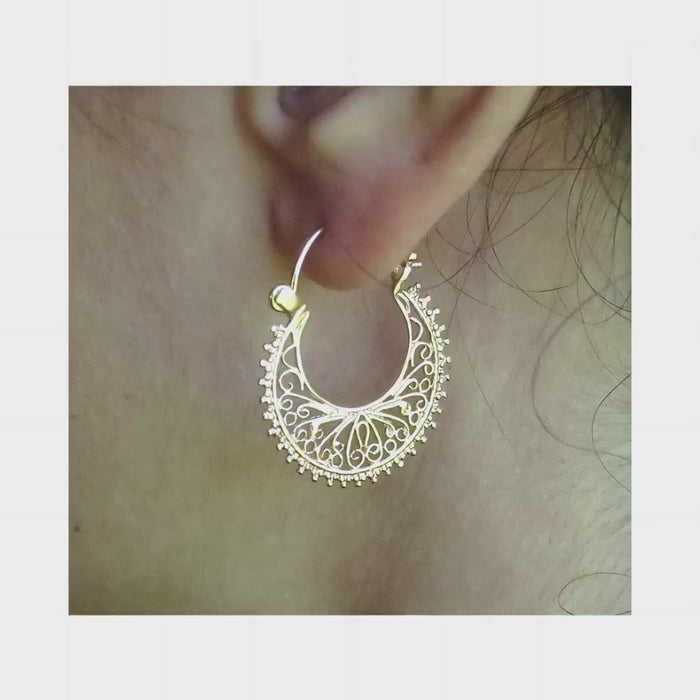Handmade 14K Gold Floral Filigree Hoop Earrings, Statement Jewelry Gift for Her