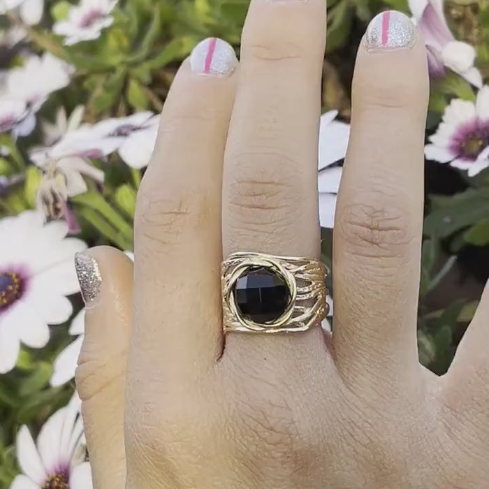 Black Onyx wide gold ring