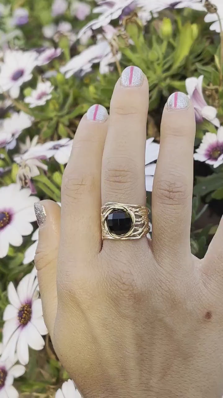 Black Onyx wide gold ring