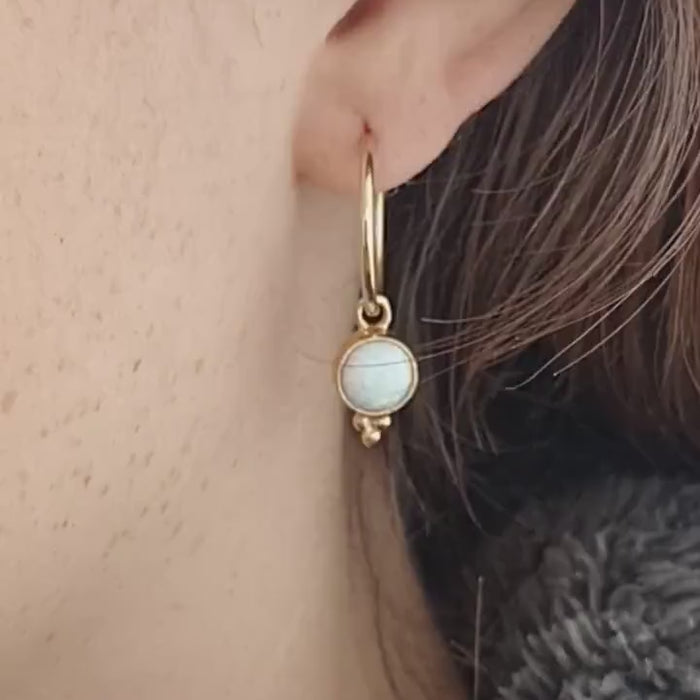 Opal hoop earrings, Gold filled opal dangle hoop earrings, Simple white stone earrings with dots