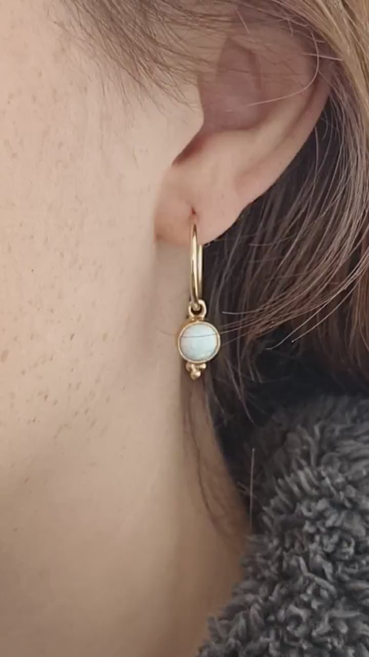 Opal hoop earrings, Gold filled opal dangle hoop earrings, Simple white stone earrings with dots