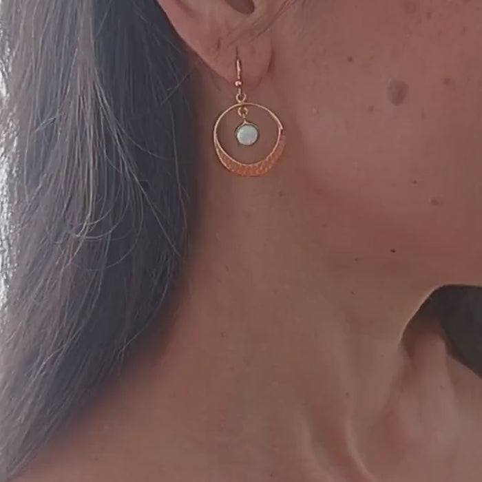 Open Hoop Earrings with Dangle Opal solid 14K Gold Elegant Modern Opal Hoops Gift for Her