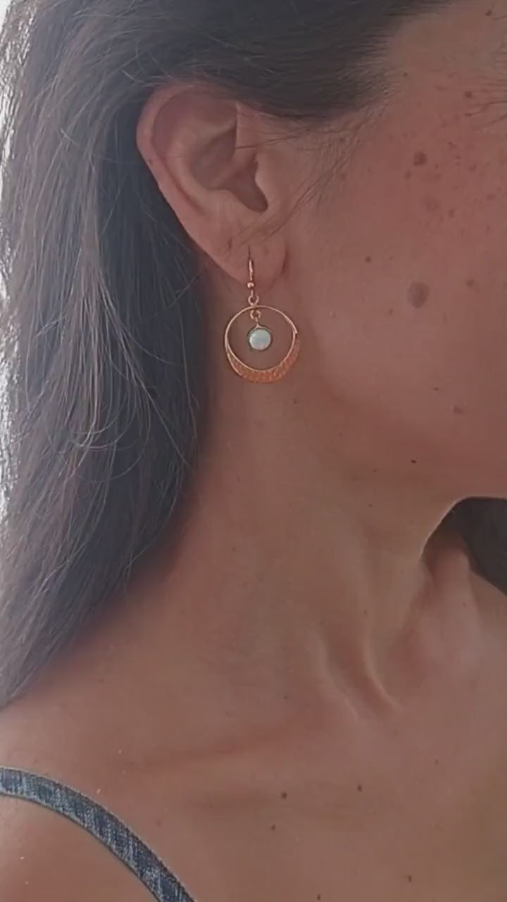 Open Hoop Earrings with Dangle Opal solid 14K Gold Elegant Modern Opal Hoops Gift for Her