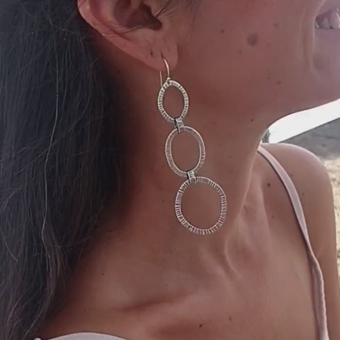 Handmade Sterling Silver Dangle Earrings – Textured Triple Hoop Statement Jewelry