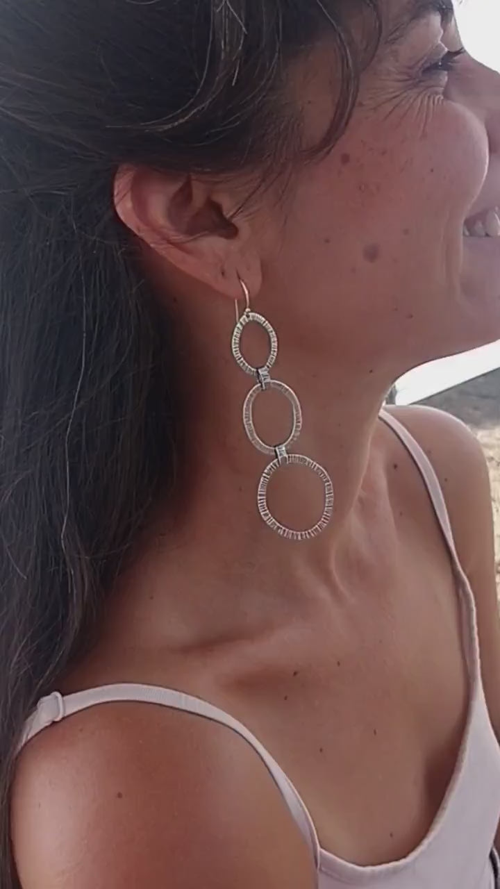 Handmade Sterling Silver Dangle Earrings – Textured Triple Hoop Statement Jewelry