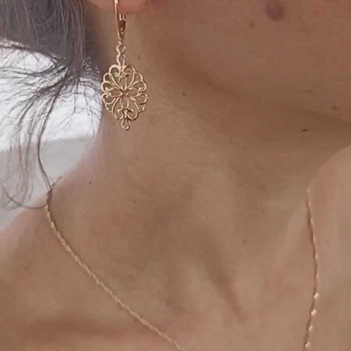 Solid 14k gold Filigree dangle earrings, Victorian earrings