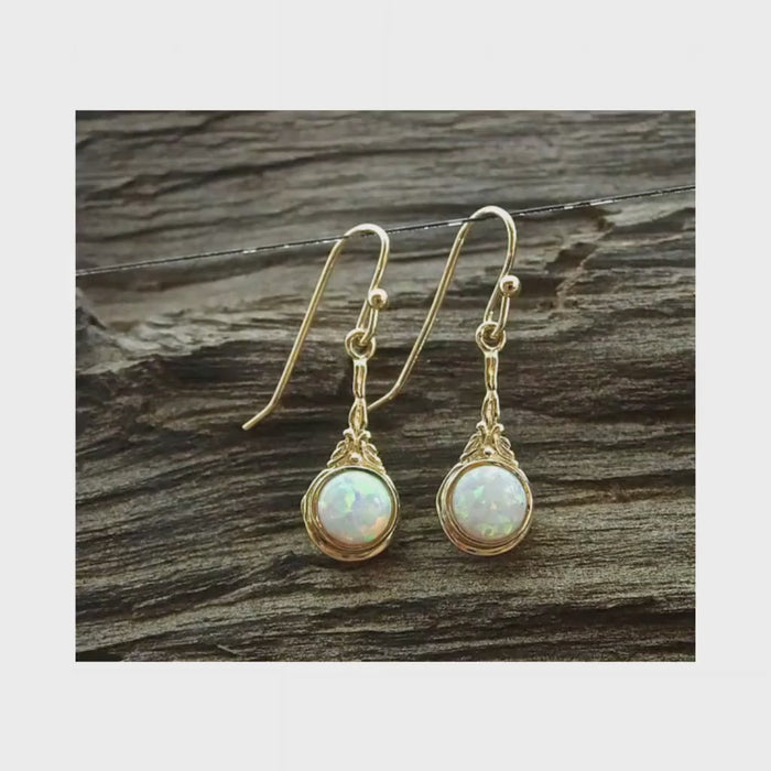 Opal gold dangle earrings, White opal victorian style earrings