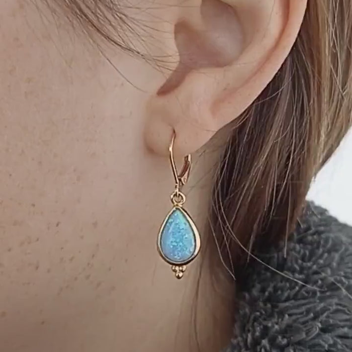 14k gold Opal drop dangle earrings, Solid 14k gold blue Opal earrings