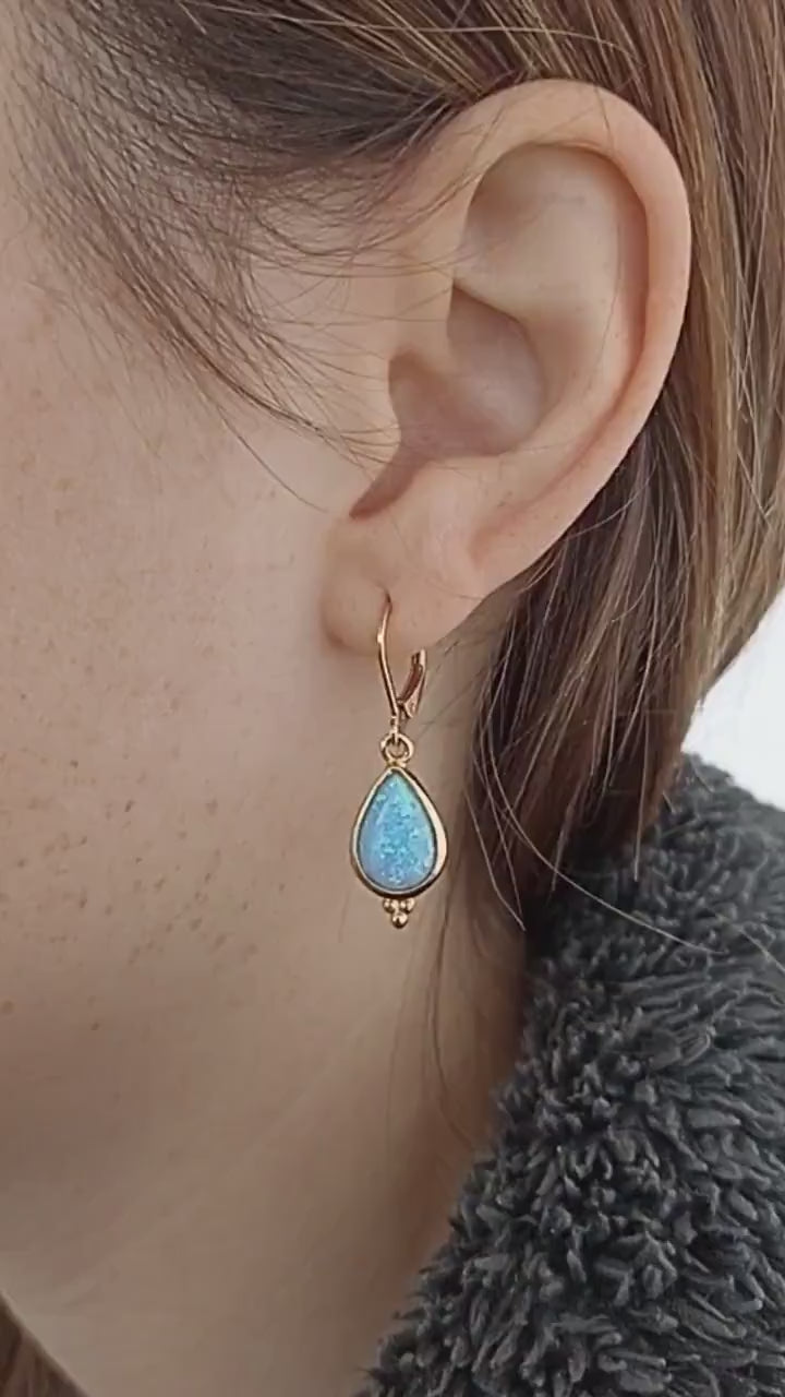 14k gold Opal drop dangle earrings, Solid 14k gold blue Opal earrings