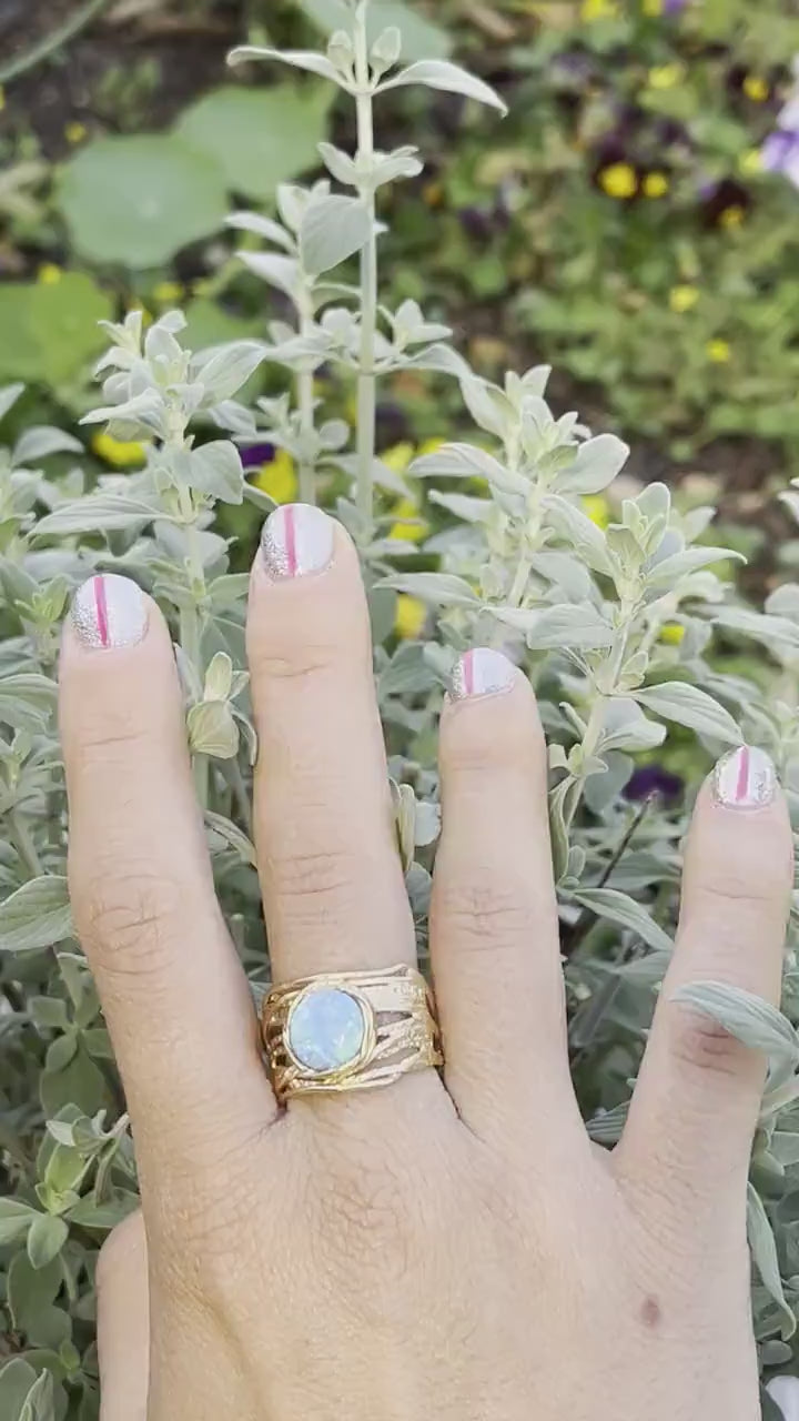 Kyanite wide 14k gold ring, Blue stone solid 14k gold ring band