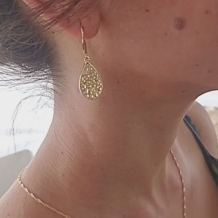 Drop filigree 14k gold earrings, Solid 14k gold dangle earrings